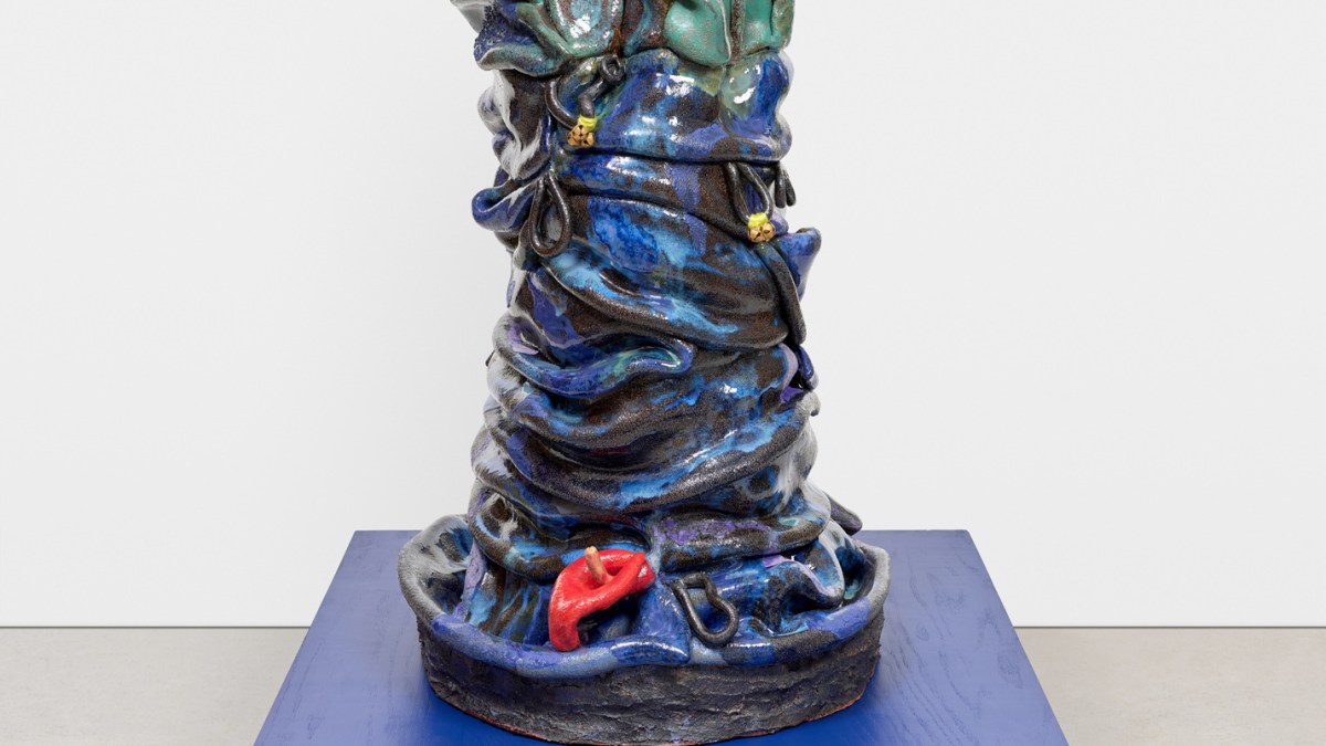 Ashwini Bhat: Apsara, Between the Waters of the Clouds, 2022. Glazed ceramic sculpture on a custom wooden base, 52" x 30" x 30"