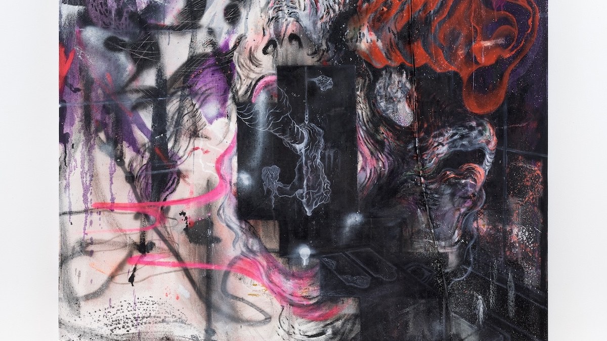 Kosuke Kawahara, Soundless Chamber, 2023-2024, Oil color, acrylic, encaustic, spray paint, ink, chalk, gesso on sutured found fabrics, 74 x 49¾ x 1¼ inches