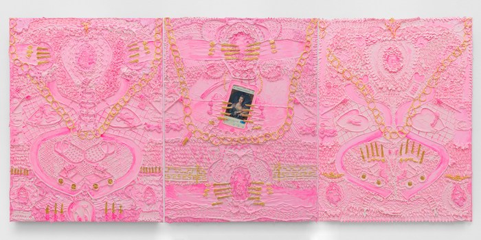 Yvette Mayorga, Pinknologic Anxiety, (After Francois Boucher Madame de Pompadour, c. 1755), 2020, Acrylic piping and collage on canvas, 30 x 40 in per panel, 76.2 x 101.6 cm per panel
