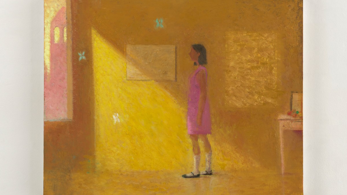 Sutton Allen, "Interior: Woman, Light, Moths," 2022-24, oil on canvas, 24 x 30 inches.