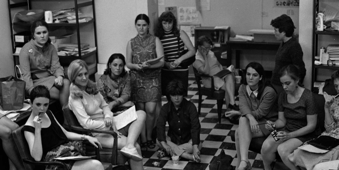 Bev Grant (American, born 1942), New York Radical Women organizers at a planning meeting, Southern Conference Educational Fund offices, New York City, Summer 1968, gelatin silver print.