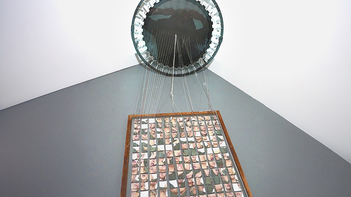 Erika Choe, no one has to die for me to grieve, 2024
Looping video, trampoline, thread, windowpane, inkjet print, vellum, nails, 4 x 3 x 7 feet. Image courtesy the artist.