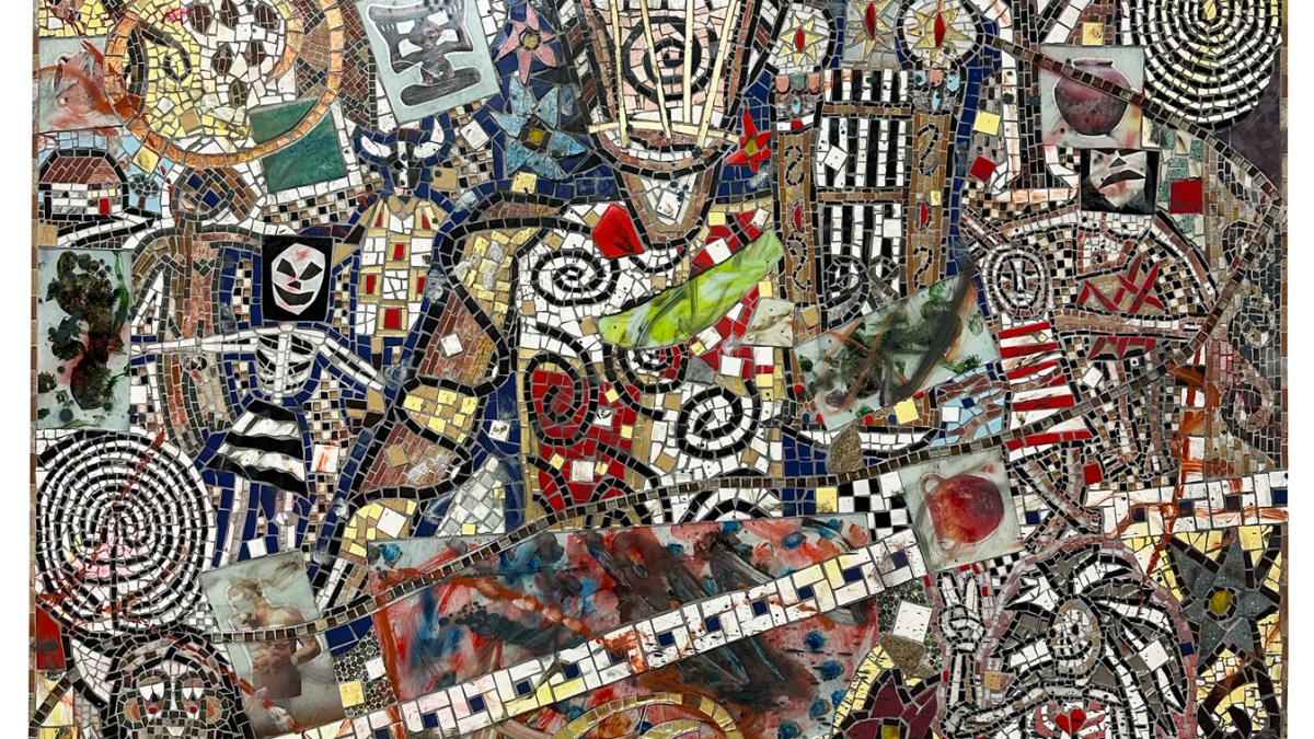 Cameron Welch, Orpheus in the Garden, 2024. Marble, Glass, Ceramic, Stone, Spray Enamel, Oil, and Acrylic on Panel, Framed: 96 3/4" x 80 5/8" (245.5 x 205 cm)