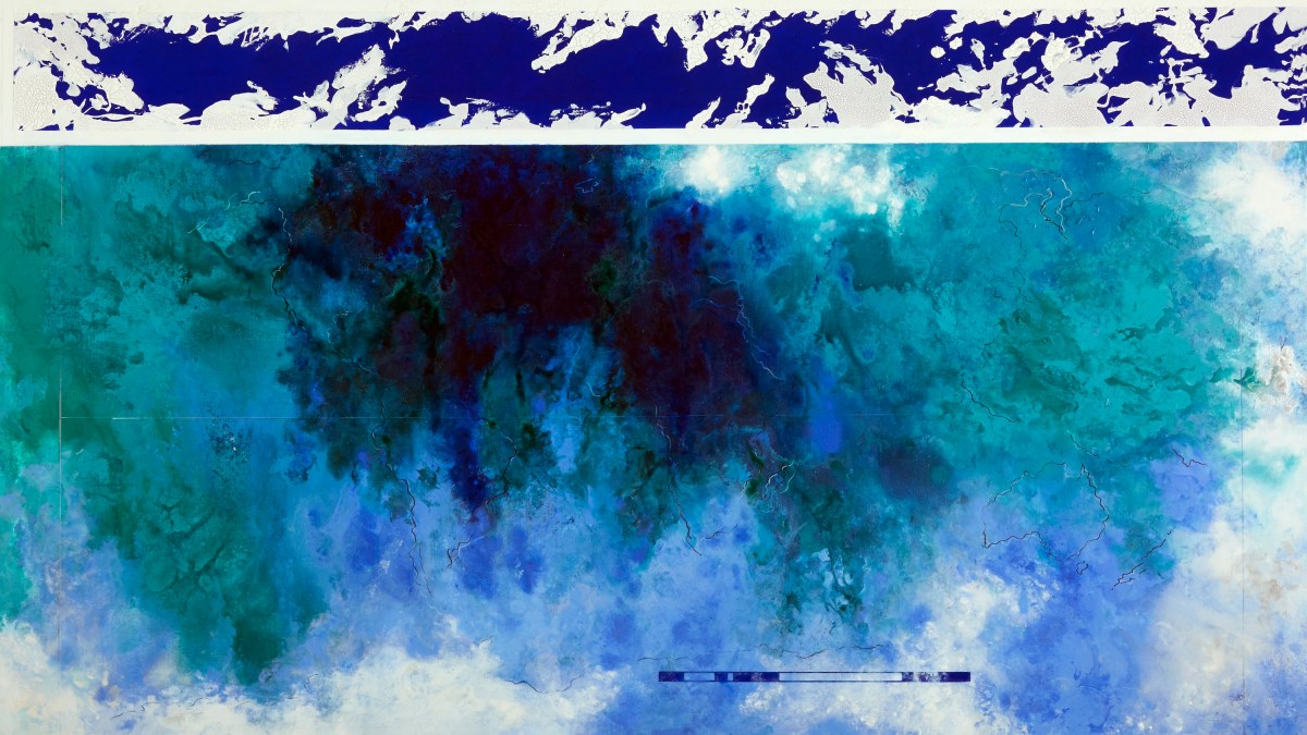 Diane Burko, Glacier Map 1, 2019. Mixed media on canvas. 50 x 88 inches (127 x 223.5 cm).
