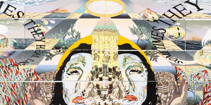 Andrea Carlson, The Indifference of Fire, 2023. [detail] Oil, acrylic, gouache, ink, color pencil, and graphite on paper approximately 46 x 182 inches (overall), 11.5 x 30 inches (each of 24 elements), Gochman Family Collection. ©Andrea Carlson, courtesy Bockley Gallery and James Fuentes