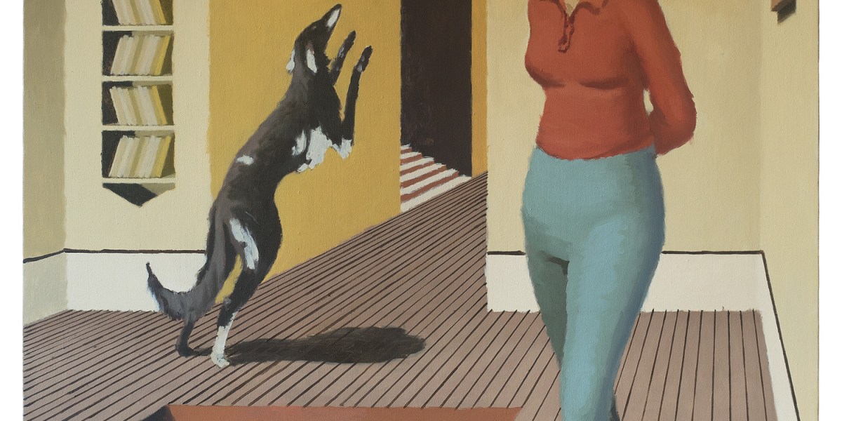 Greg Burak, Woman & Leaping Dog, 2023, oil on linen, 36 x 32 inches.