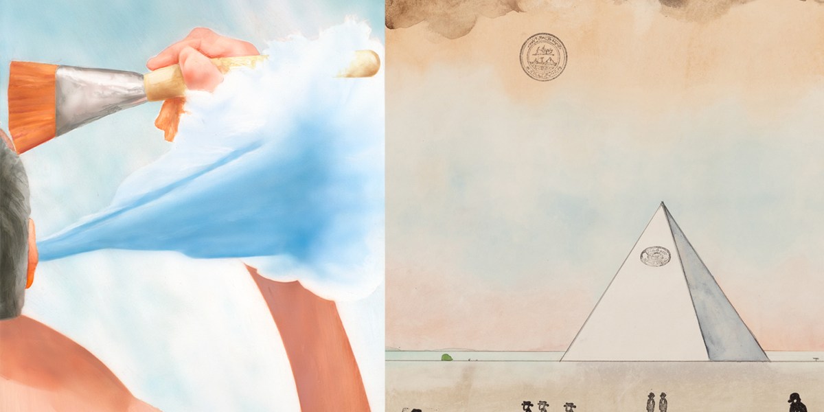 Left: Robert Feintuch, Failed Painter, 2015, polymer emulsion on honeycomb panel, 20 x 15 inches (51 x 38 cm)
Right: Saul Steinberg, Untitled (detail), 1972, watercolor, pencil, and rubber stamp on paper, 14.5 x 23 inches (37 x 58.5 cm). Courtesy The Saul Steinberg Foundation.