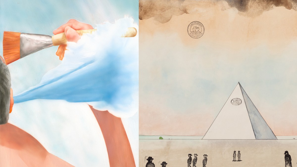Left: Robert Feintuch, Failed Painter, 2015, polymer emulsion on honeycomb panel, 20 x 15 inches (51 x 38 cm)
Right: Saul Steinberg, Untitled (detail), 1972, watercolor, pencil, and rubber stamp on paper, 14.5 x 23 inches (37 x 58.5 cm). Courtesy The Saul Steinberg Foundation.