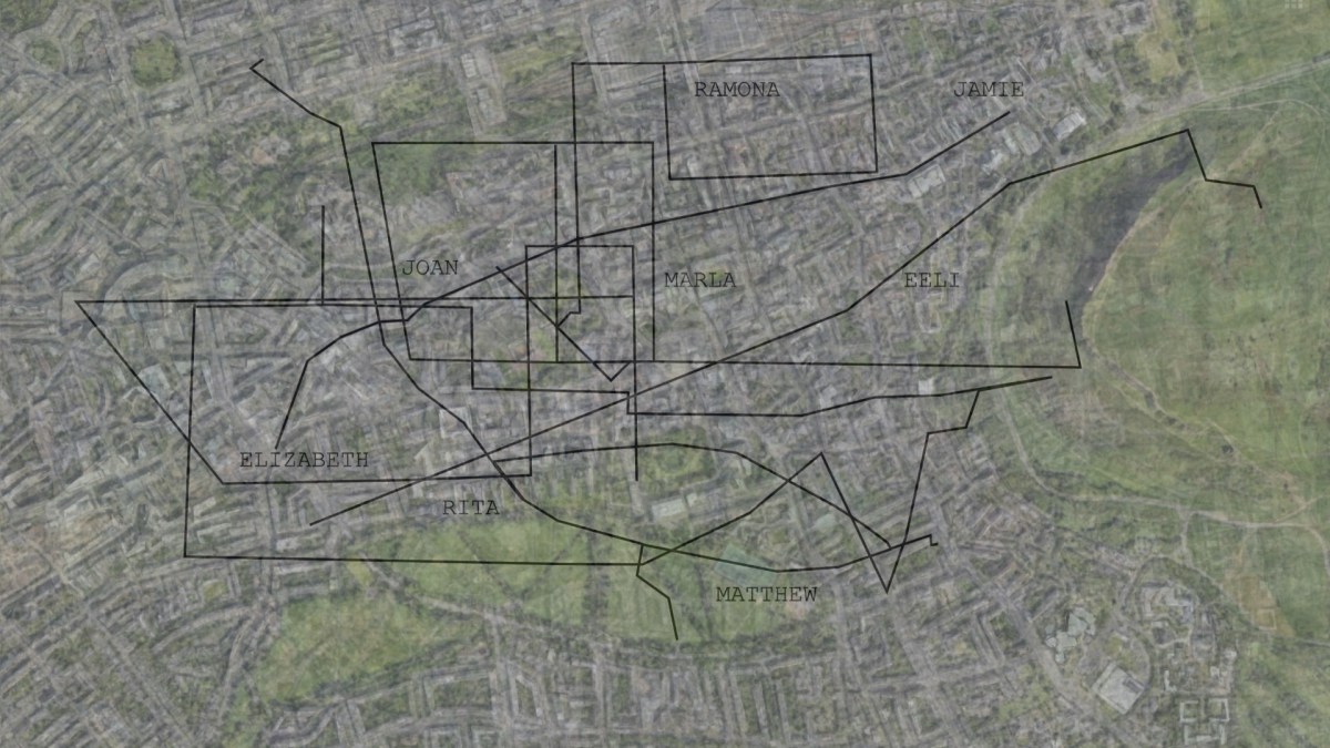 The routes walked by Anne E. Stoner and her interviewees, layered over a digital map of Edinburgh, Scotland, image courtesy the artist