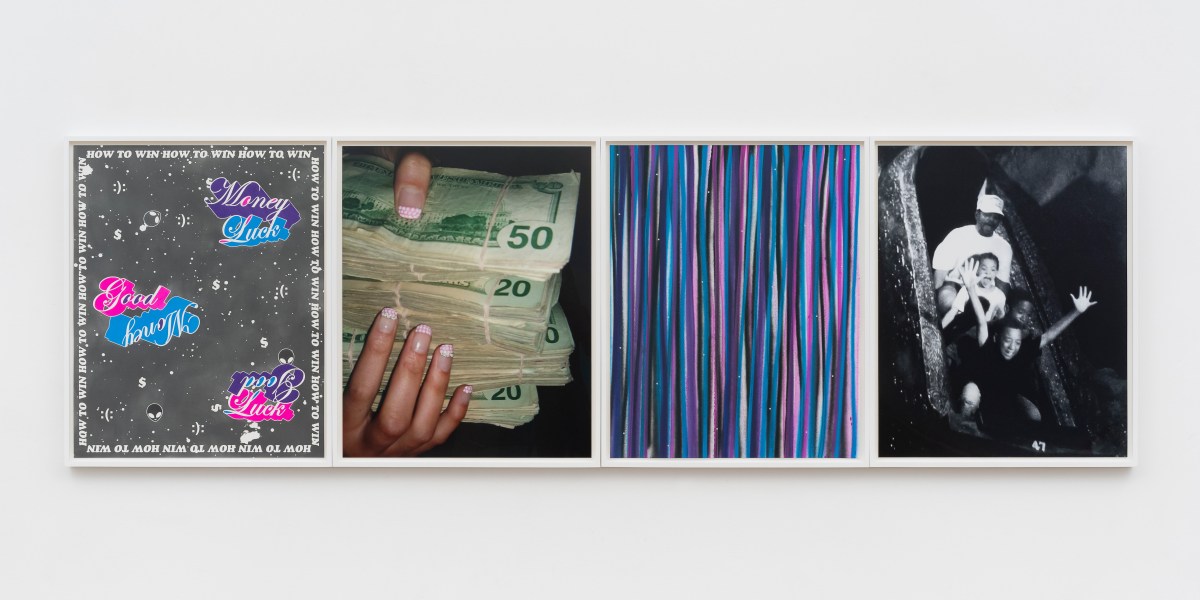Sadie Barnette, How to Win, 2025, Pencil, colored pencil, powdered graphite, spray paint, rhinestones on paper,  archival pigment prints, paper: 30 x 24 inches each Photo: Philip Maisel © Sadie Barnette Courtesy: the artist, Sean Kelly, New York/Los Angeles and Jessica Silverman, San Francisco