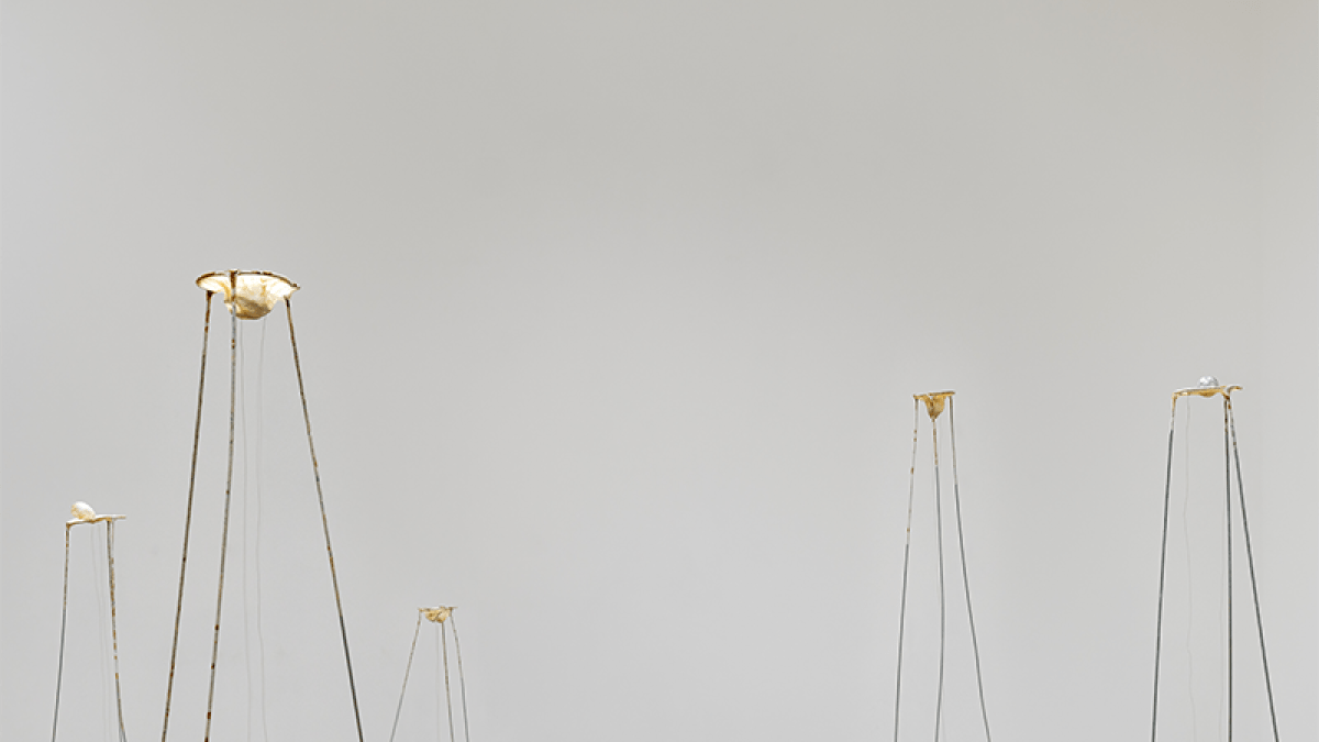 Julianne Swartz, Tenderness Score (shaking tables), 2024. Steel, abaca paper, magnets, wire, audio player, 5-channel sound score of heartbeats and Sine tones; 12:32 minutes; dimensions variable.