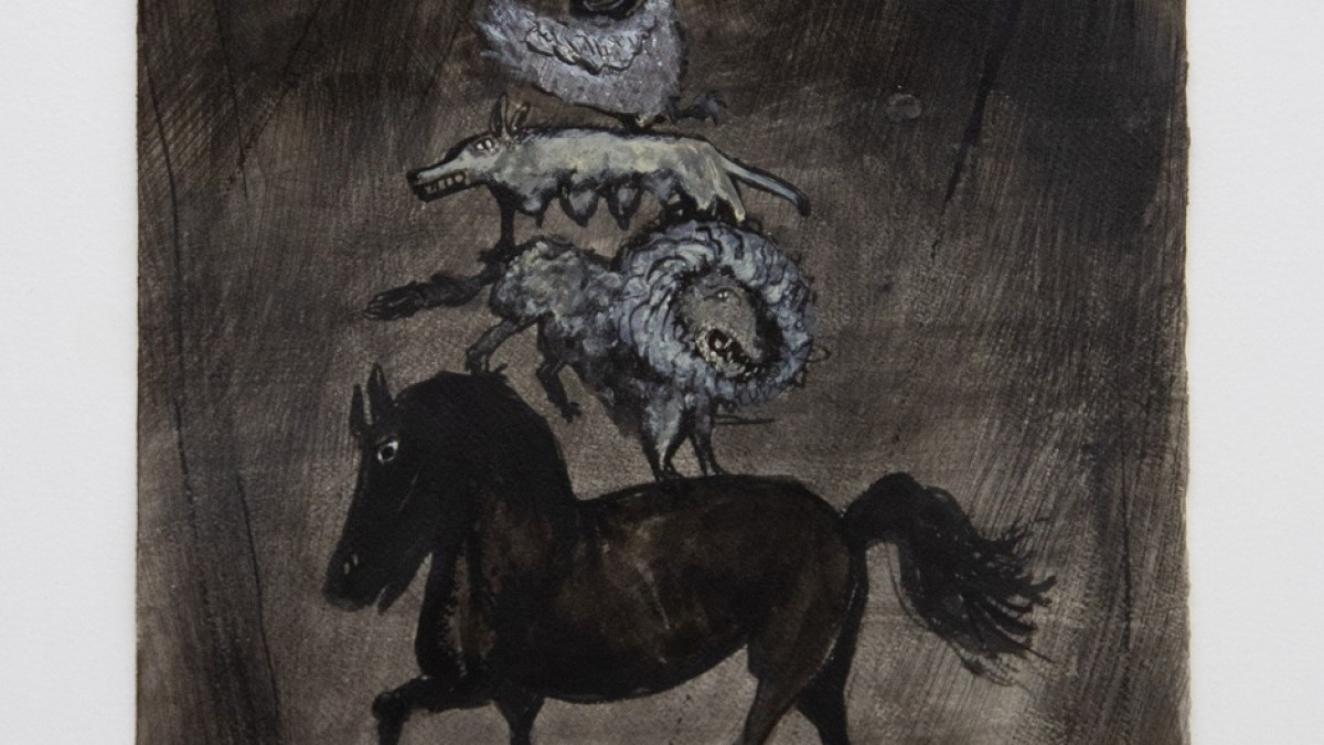 Sheila Pepe, "Roman/Etruscan Animals as the Musicians of Bremen," 2024, ink and acrylic on paper, 22 x 15 inches, courtesy of the artist and Marinaro Gallery