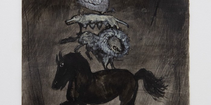 Sheila Pepe, "Roman/Etruscan Animals as the Musicians of Bremen," 2024, ink and acrylic on paper, 22 x 15 inches, courtesy of the artist and Marinaro Gallery