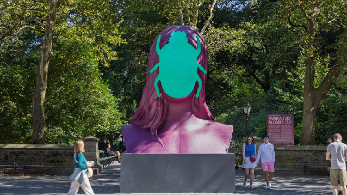 Monira Al Qadiri
First Sun, 2025
Cast aluminum, steel, automotive paint; patinated brass pedestal
Courtesy of the artist
Photo: Nicholas Knight, courtesy of Public Art Fund, NY.

Monira Al Qadiri: First Sun was co-commissioned by Public Art Fund and Lassonde Art Trail and presented at Doris C. Freedman Plaza, New York City, Sept 3, 2025 – Aug 2, 2026 and Lassonde Art Trail, Toronto, ON, Sept 10, 2026 – Sept 2027