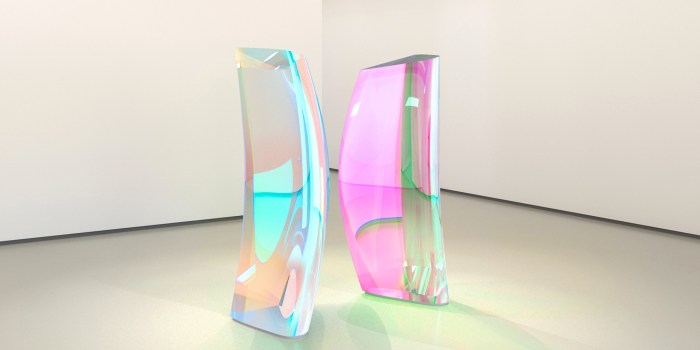 Mariko Mori, Love II, 2025, Dichroic coated layered acrylic in 2 parts, Corian base, 70 7/8 x 29 11/16 x 23 3/8 inches each, edition of 1 with 1 AP 