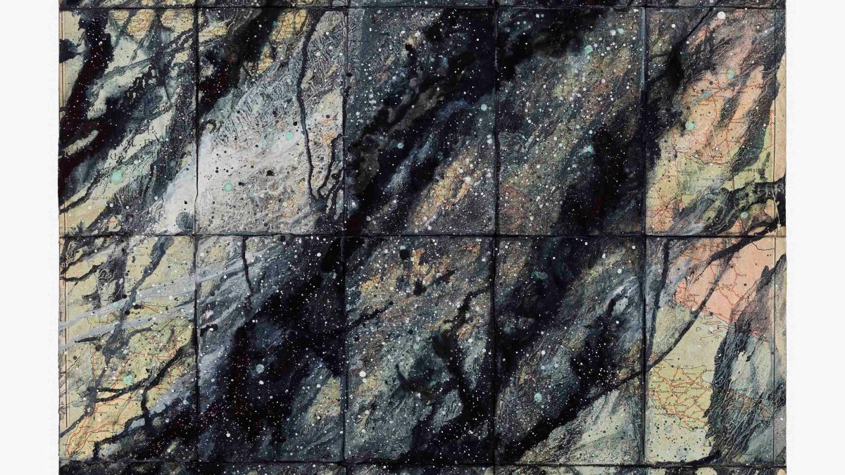 Melissa McGill, Map, 2025. Indigo, homemade soy milk, kaolin clay, copper oxide, vinegar on found printed map mounted on linen, 42 × 33 inches (106.5 × 83 cm).