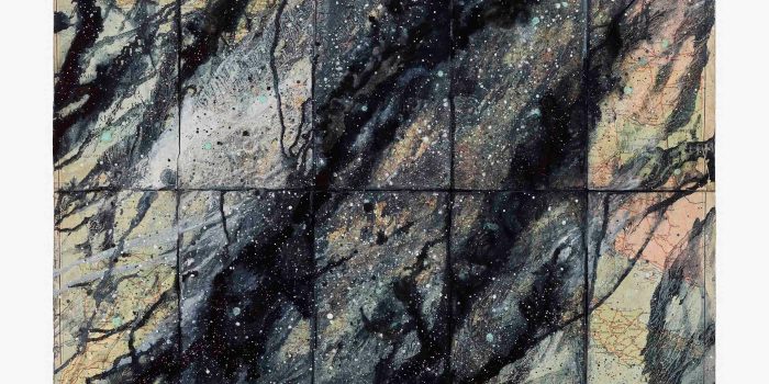 Melissa McGill, Map, 2025. Indigo, homemade soy milk, kaolin clay, copper oxide, vinegar on found printed map mounted on linen, 42 × 33 inches (106.5 × 83 cm).