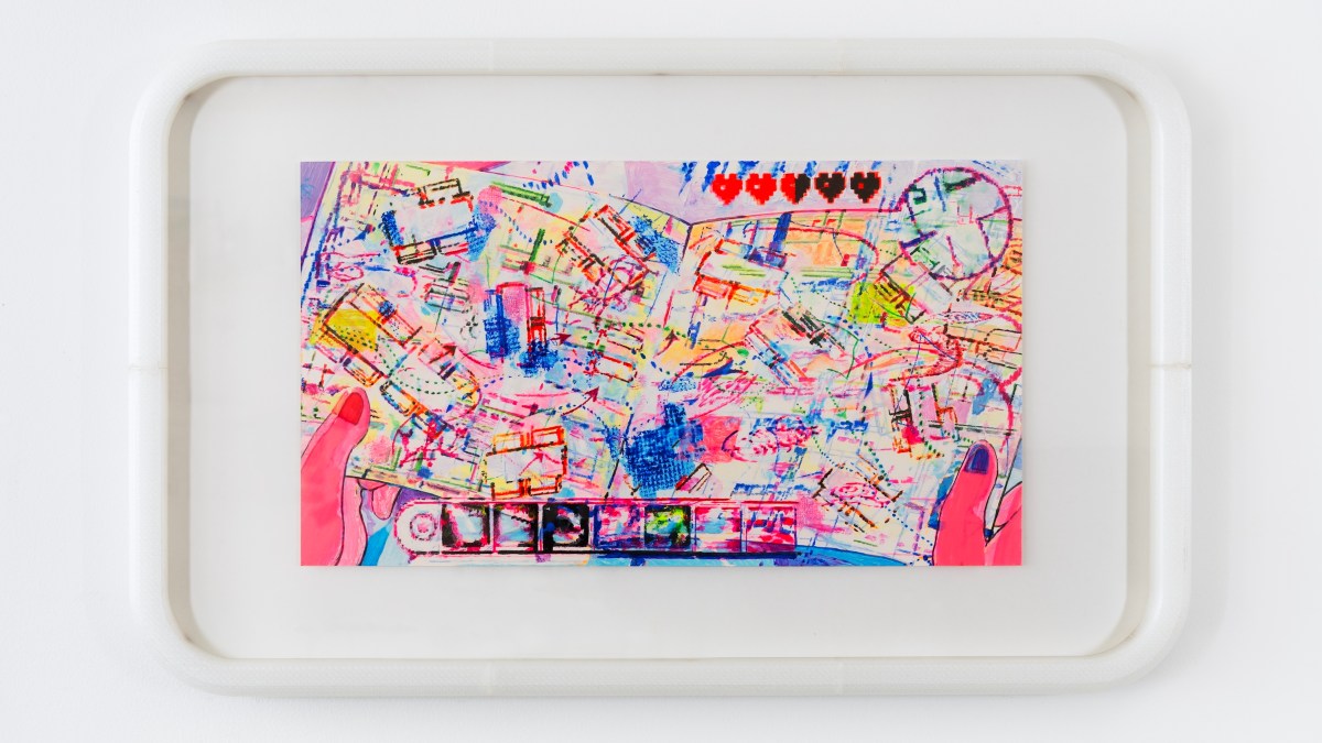 Judy Chung, Tactical Maneuvers, 2025, Acrylic on mylar in 3D-printed frame, 14 1/2 x 23 2/5 x 1 3/4 in (framed)