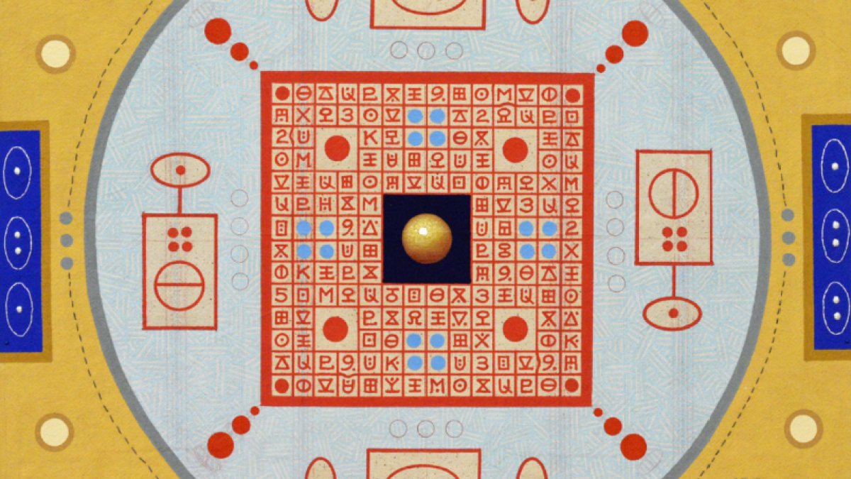 Karla Knight (b. 1958) "Satellite 1," 2025, Flashe, acrylic marker, pencil, and embroidery on cotton, 39 x 39 inches.