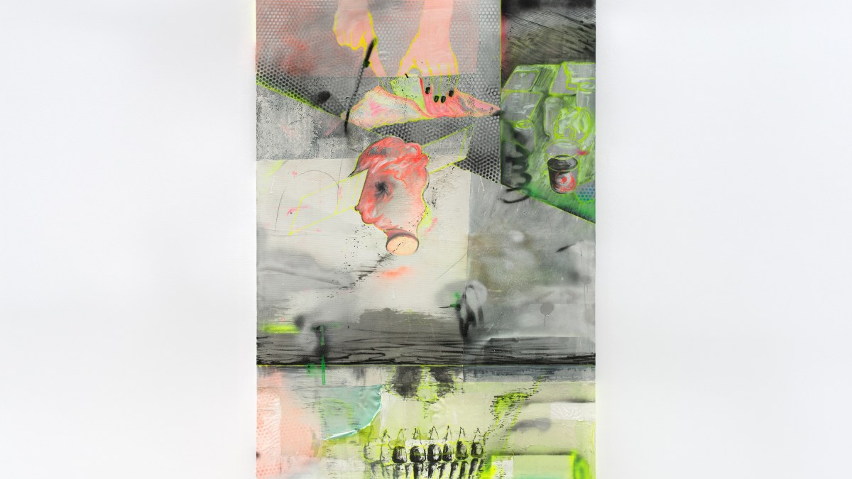 Kosuke Kawahara
Untitled, 2026
Oil, urethane, acrylic, spray paint, 
charcoal on sutured scrap fabrics 
72 × 50 in (182.9.× 127cm)