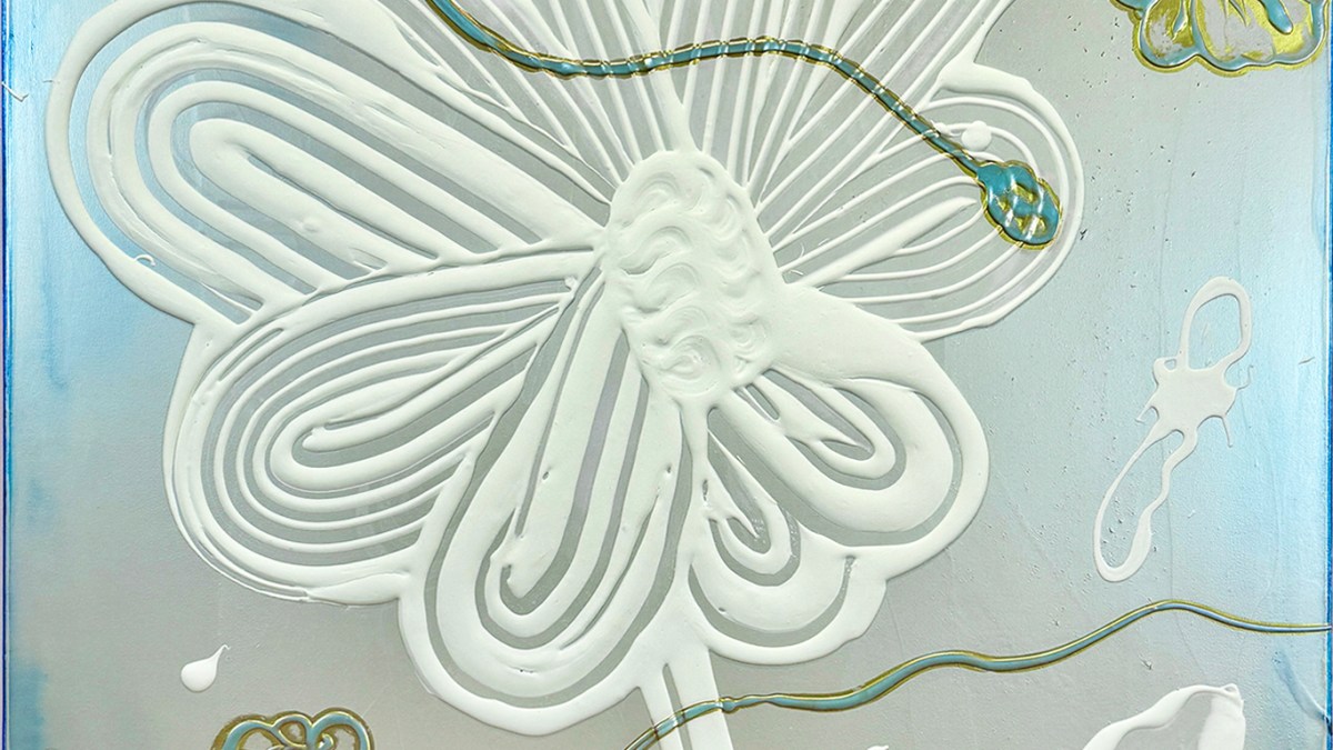 Catherine Howe, Big Bloom No. 3, 2026, acrylic, iridescent mineral pigments, aluminum leaf, powdered pigment on canvas, 55x45"