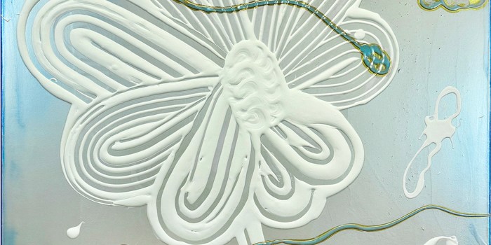 Catherine Howe, Big Bloom No. 3, 2026, acrylic, iridescent mineral pigments, aluminum leaf, powdered pigment on canvas, 55x45"