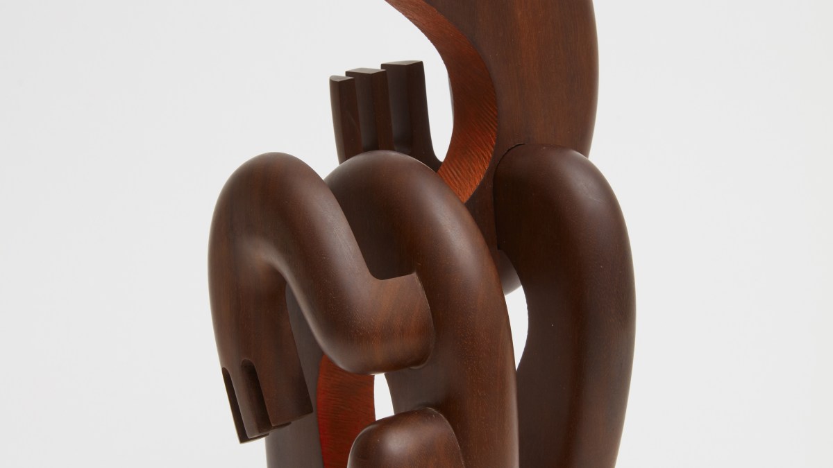 Image caption: Magdiel García Almanza, Danza XXV, 2019, Acana wood and acrylic paint, 16 1/2 x 6 3/16 x 7 3/8 inches