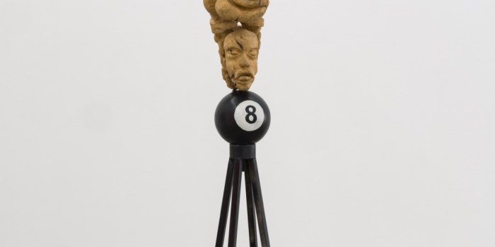 Charles Dickson, "8 Ball", 1998, wood, steel, and mixed media, 76 x 24-1/4 x 24-1/4 inches 