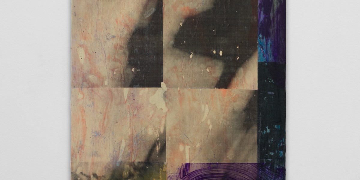 Colin Canary, Angels Blades Sew Dreams Into My Nape, 2025, Toner transfer and acrylic on panel, 30 x 15 in.