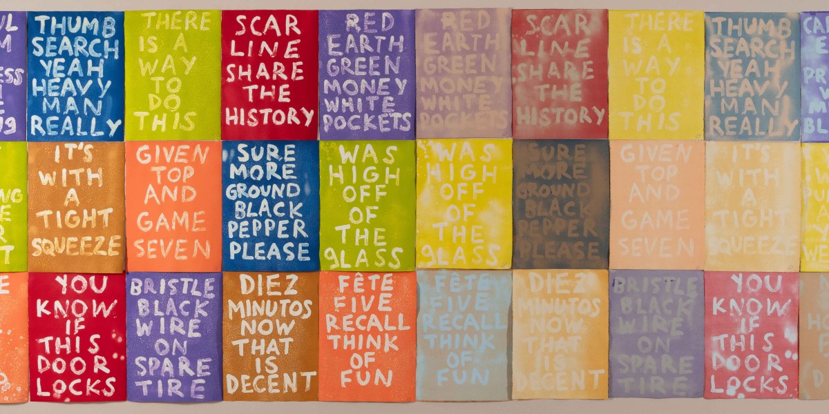 HOCK E AYE VI EDGAR HEAP OF BIRDS | (Detail) Buffalo Stampede over Brass Army Horn, 2025. 18 monoprints, 18 ghost prints, 30 x 22 in (76.2 x 55.9 cm) each, and army bugle. Photo by Brandon Snyder, courtesy the artist