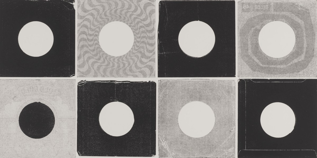 Christian Marclay: 'Sleeves and Covers (Sixteen 7”/No 19)', 2025. Unique monoprint on Somerset paper. 85.1 x 85.1 cm | 33 1/2 x 33 1/2 in. © Christian Marclay. Photo © Prudence Cuming Associates Ltd.