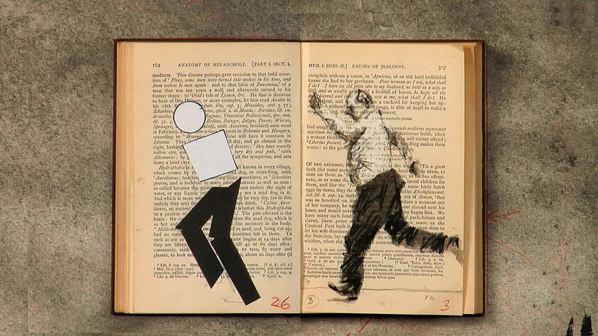 William Kentridge, Tango for Page Turning, 2012-2013, Single-channel HD video, Tang purchase in partnership with the New Media Arts Consortium, a collaboration of the art museums at Bowdoin College, Brandeis University, Colby College, Middlebury College, Mount Holyoke College, and Skidmore College, 2016.7