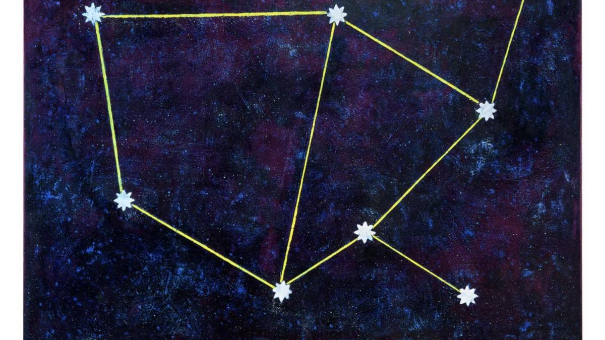 Mark Thomas Gibson, "We Are A Constellation," 2024, ink and acrylic on canvas, 57 3/4 x 73 ½ x 1 inches, Tang Museum collection, Tang Purchase, Malloy Acquisitions Fund, image courtesy of Mark Gibson Studio