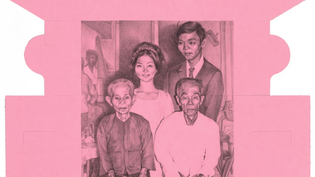 Phung Huynh, "Mom and Dad's Wedding" (2026), graphite on pink donut box, 30.5 x 20 in (77.5 x 50.8 cm), 35.75 x 25.25 x 2 in (90.8 x 64.1 x 5.1 cm) Framed